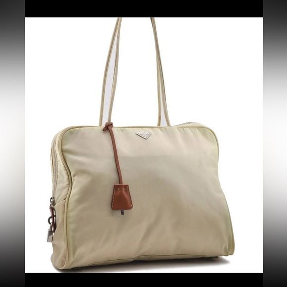 Authentic PRADA Nylon Leather Shoulder Hand Bag Purse Beige with stains - Picture 1 of 13